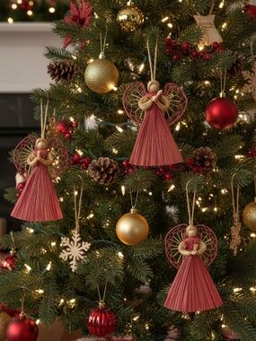Vintage Raffia Straw Angel Ornaments Set of 3 Red & Natural  Farmhouse Christmas